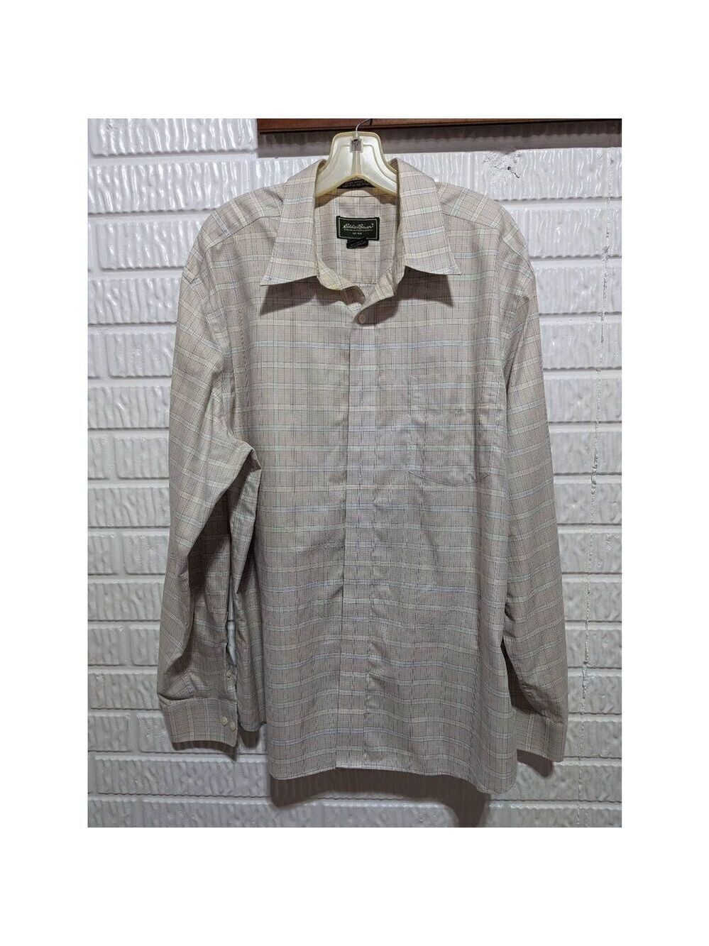 Eddie Bauer Men's Cream Plaid Wrinkle-Resistant Collared Button-Up Shirt Size XL